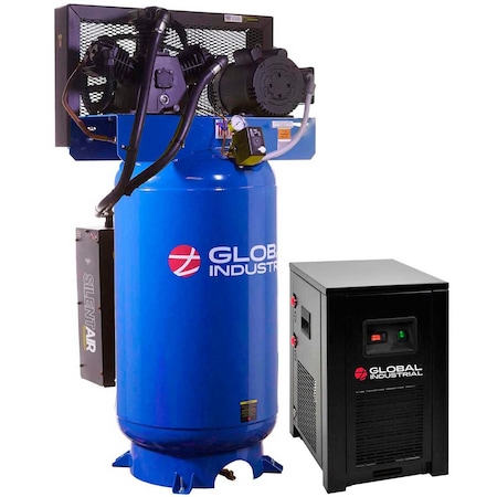 Global Industrial Silent Two Stage Piston Air Compressor w/Dryer, 5 HP, 80 Gal., 1 Phase, 230V 133680